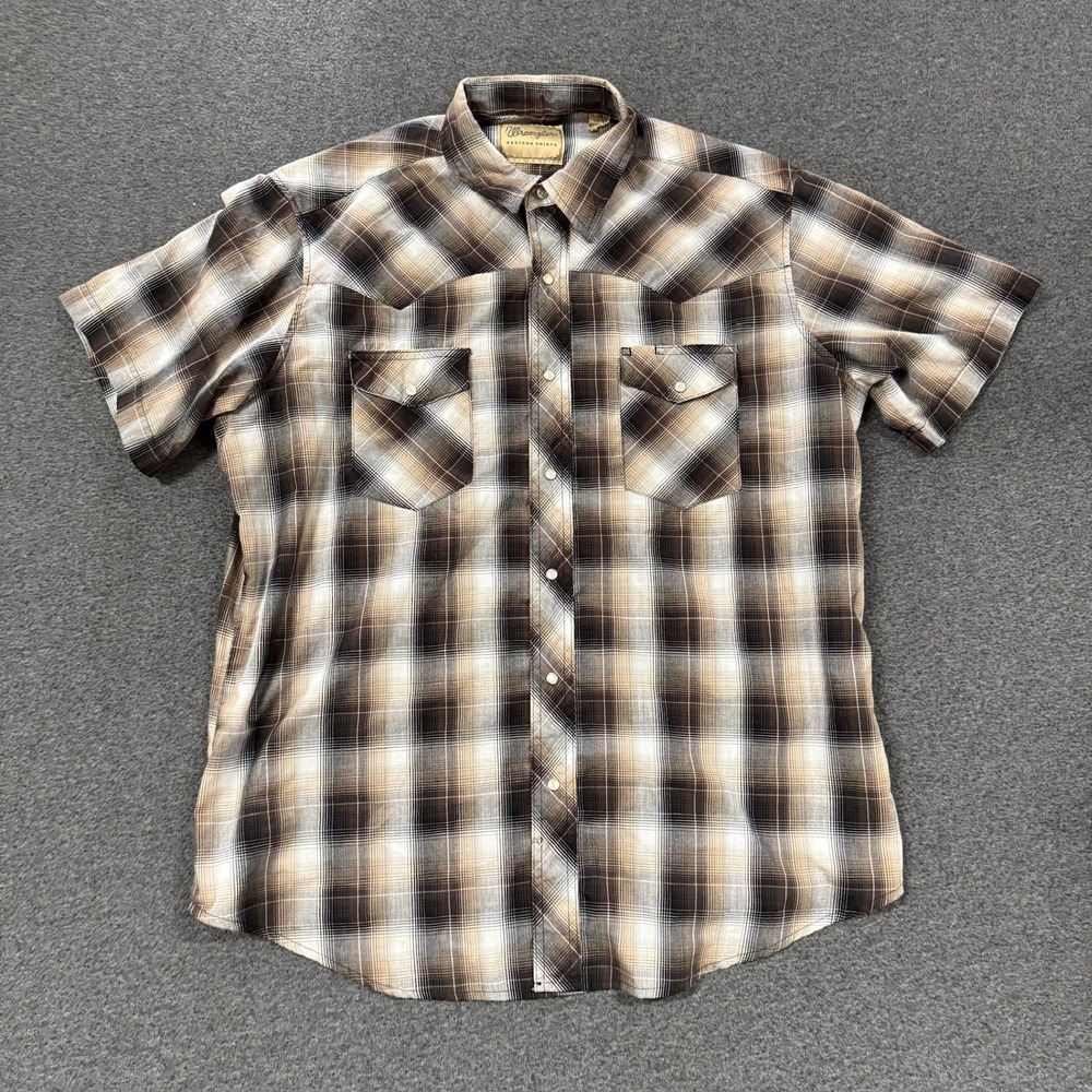 Modern Wrangler Western Shirt Mens XL Brown Good Short Sleeve Plaid Pearl Snap